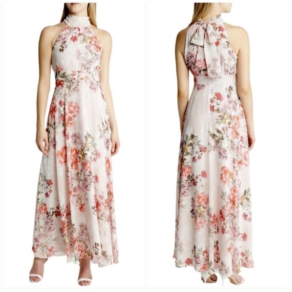 Eliza J. Pink Floral Maxi Halter Dress Formal Bridesmaid Flowy Summer Size 6